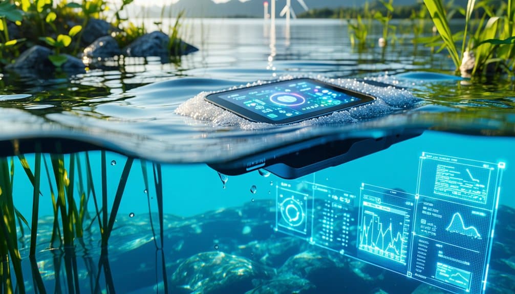 A floating device on a lake’s surface displays digital data screens above and below water, surrounded by aquatic plants and rocks, with wind turbines and mountains in the background.