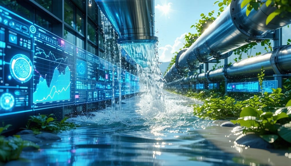 A modern water pipeline system leaks water into a stream, surrounded by plants. Digital screens with data and graphs line the pipes, indicating technology monitoring the system in bright, sunny weather.