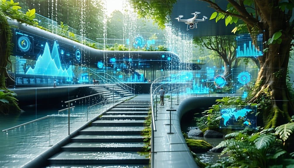 A futuristic, high-tech research facility surrounded by lush jungle, featuring digital screens, holographic data displays, a flying drone, and walkways over water integrated with advanced technology.