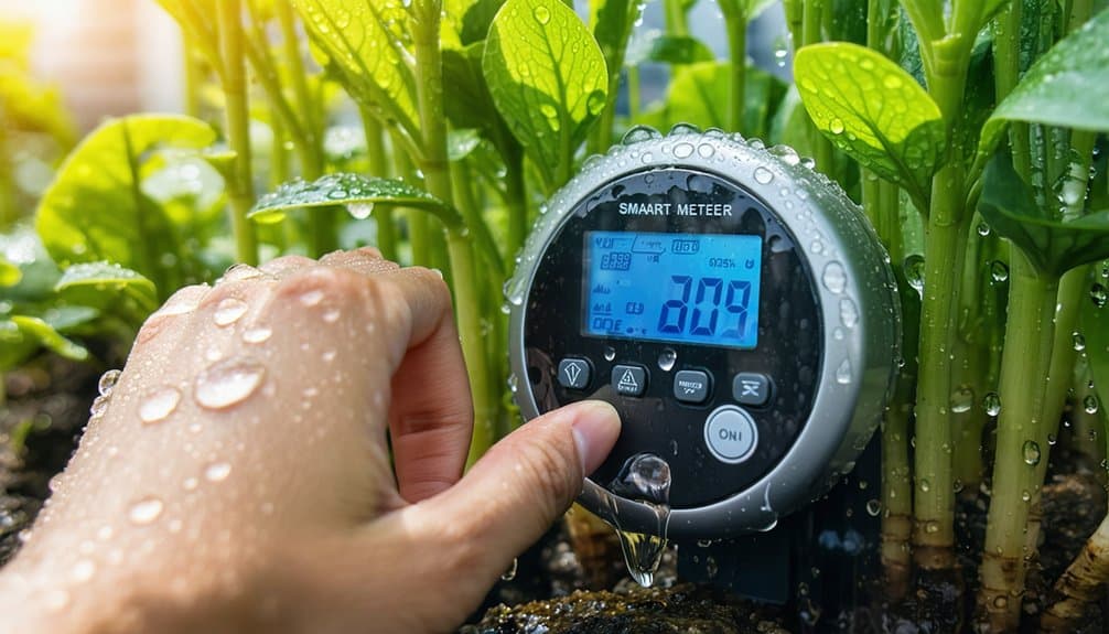A hand adjusts a digital smart meter among green plants with water droplets, indicating irrigation or soil moisture monitoring in a garden. Sunlight shines in the background, suggesting healthy plant growth.