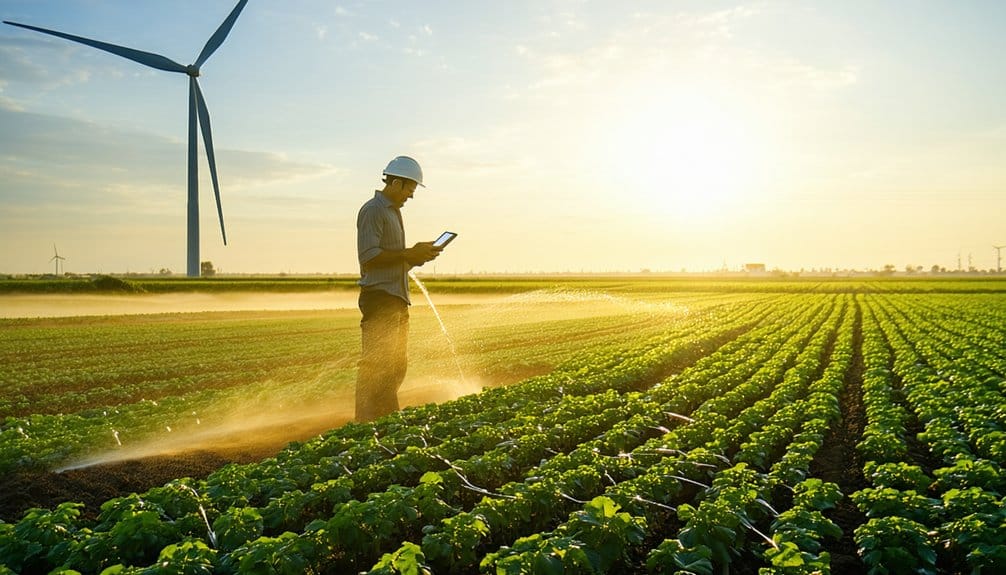 A person wearing a hard hat stands in a green crop field using a tablet, with irrigation water spraying and a wind turbine and sunrise in the background.