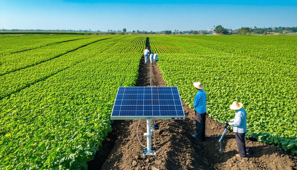 A group of farmers work in rows of a lush green field under a clear blue sky, with a solar panel installed in the foreground, symbolizing sustainable agriculture and renewable energy use.