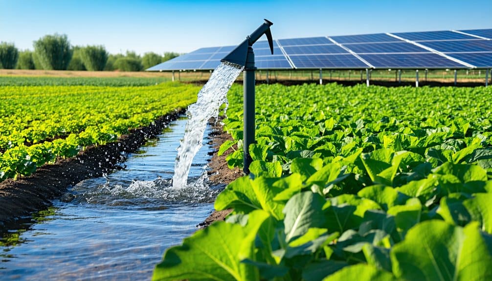 Water is being pumped into an irrigation canal between rows of green crops, with solar panels in the background under a clear blue sky.