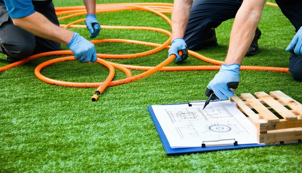 Two people wearing blue gloves work with orange hoses on artificial grass. One points to a technical drawing on a clipboard next to a small wooden pallet. Only their arms and legs are visible.