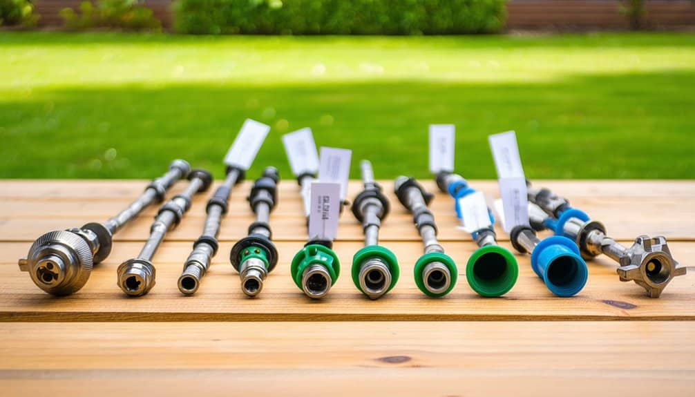 A row of various garden hose connectors and fittings with labels, arranged neatly on a wooden table outdoors, with green grass and blurred background.