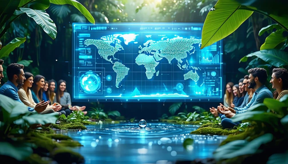 A group of people sit in a lush, green forest, facing a large digital world map with data visualizations, merging technology and nature in a serene, futuristic setting.