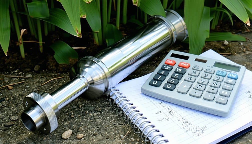 A metal cylindrical device, a gray calculator, and a spiral notebook with handwritten notes are placed on the ground near green plants.