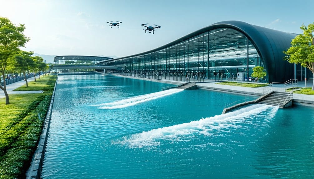 A modern, glass-walled building with a curved roof sits beside a wide, blue canal. Two flying drones are in the sky above, while water fountains create ripples in the canal. Trees line the walkway along the building.