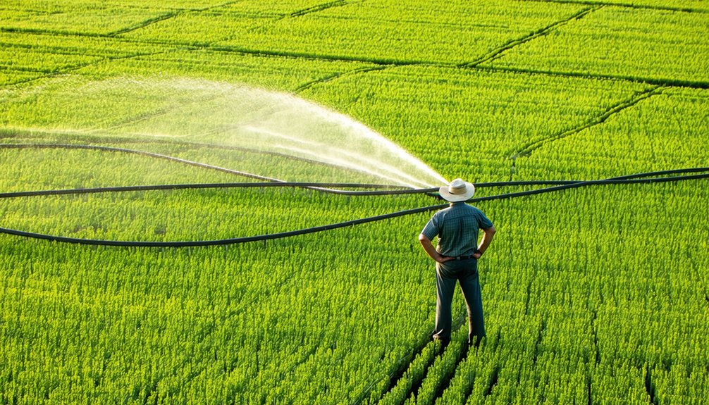 A farmer wearing a hat stands in a lush green field, looking at a large irrigation sprinkler spraying water over the crops on a sunny day. Black irrigation pipes are visible crossing the field.