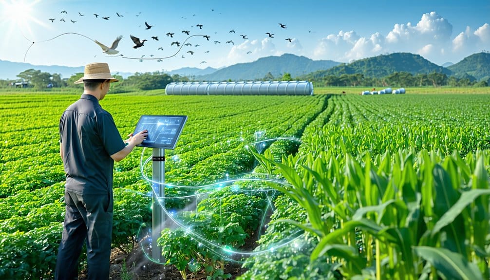 A farmer uses a touchscreen digital device in a lush, green field. Digital graphics suggest monitoring technology in agriculture. Birds fly overhead, and mountains are visible in the background under a blue sky.