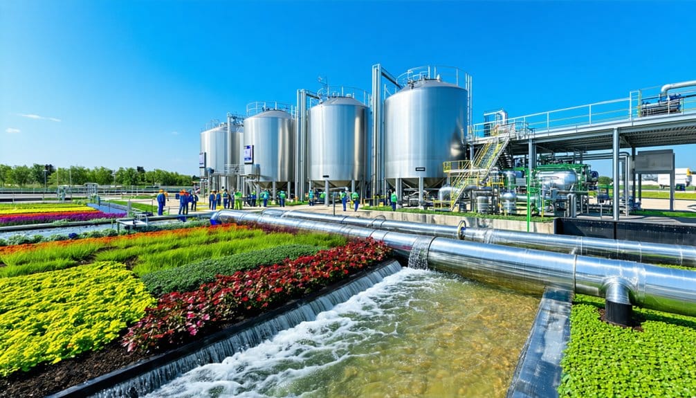 A modern industrial facility with large metal tanks, pipes, and walkways stands behind a colorful landscaped garden and flowing water channels under a bright blue sky. People in work uniforms gather near the tanks.