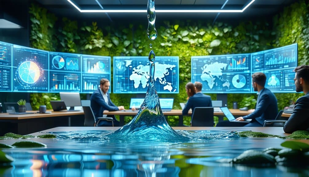 A drop of water splashes into a pool in the foreground, while people work at computers with global data screens in a modern office filled with green plants in the background.