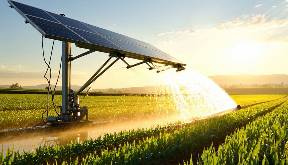 A solar-powered irrigation system waters rows of green crops in a field at sunset, with mountains visible in the background under a clear sky.