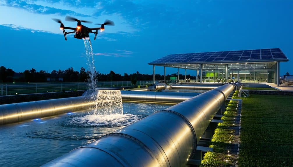 A drone hovers above large metal water pipelines and a fountain at dusk, near a modern building with solar panels, illuminated by artificial lights.