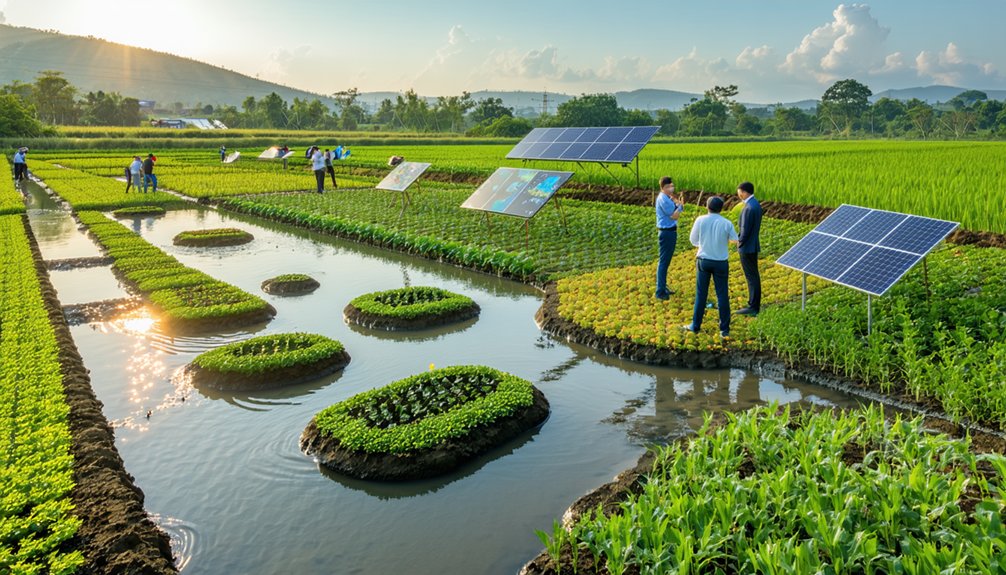 People stand and talk in a green field with crops and ponds, where solar panels are installed on land and small islands. The area is surrounded by trees and hills under a clear, sunny sky.