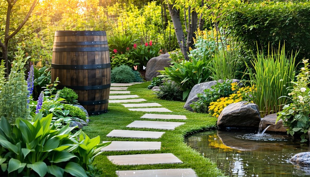 A lush garden with a stone path, a wooden barrel, colorful flowers, green plants, and a small pond with rocks. Sunlight filters through the trees, creating a serene, inviting atmosphere.