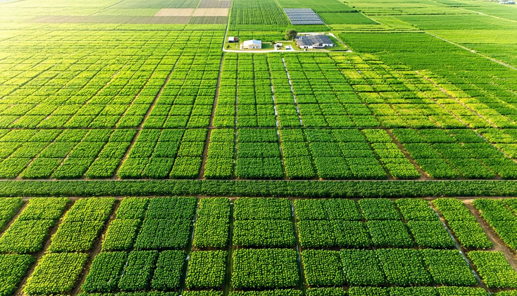 Aerial view of a large agricultural area with neatly divided green crop fields. In the center, there are a few farm buildings surrounded by vibrant, well-organized plots of farmland.