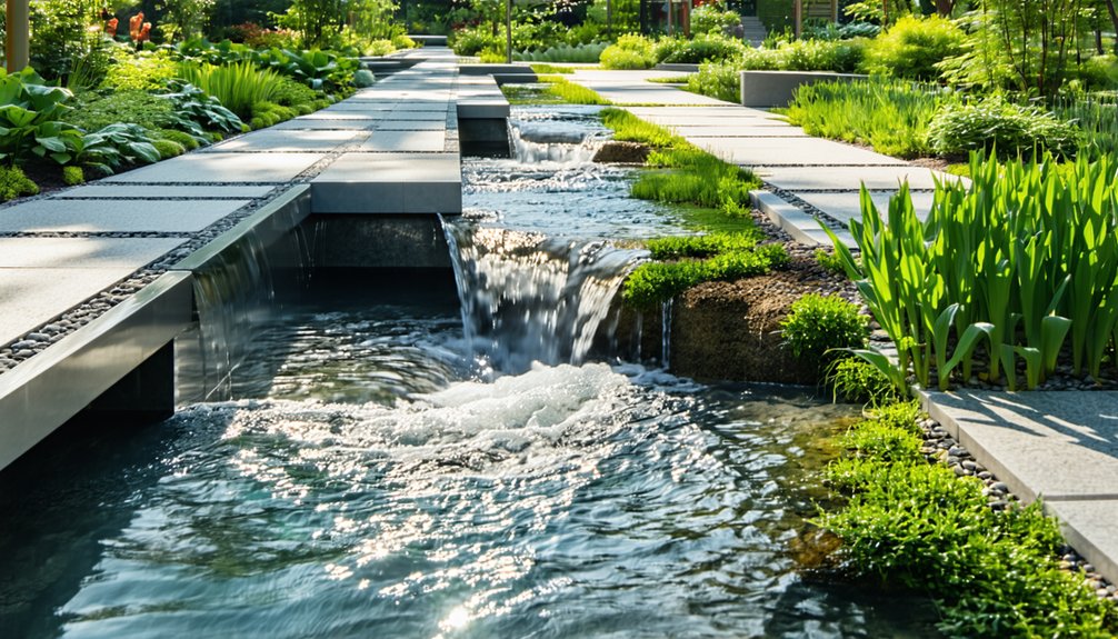 A modern garden with cascading water features, geometric stone pathways, and lush green plants, creating a tranquil, contemporary outdoor space under bright sunlight.