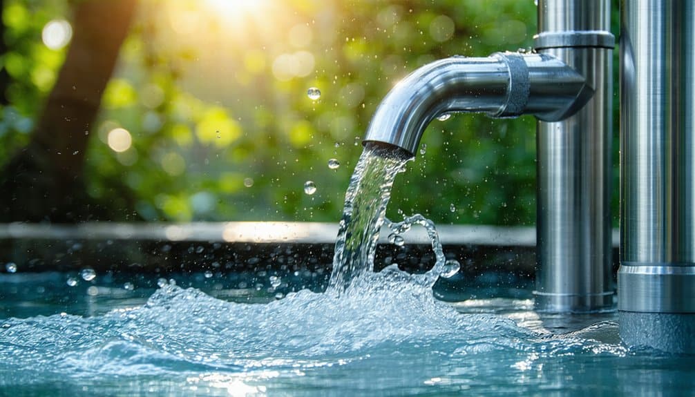 Close-up of water flowing from a stainless steel faucet into a pool, with droplets splashing and sunlight shining through green foliage in the blurred background.