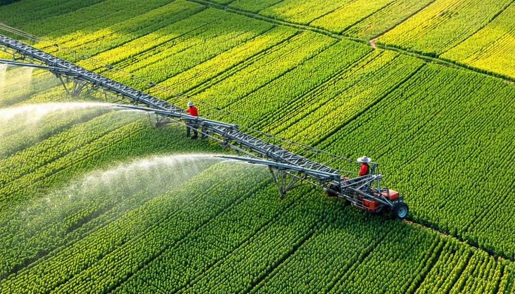 Aerial view of two workers operating a large agricultural spraying machine, watering rows of lush green crops in a well-organized field.