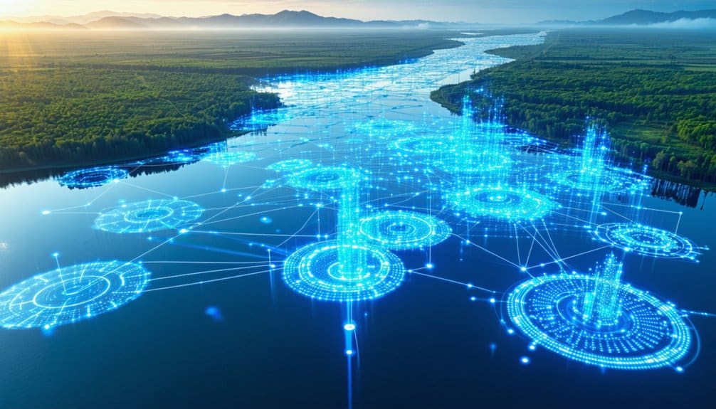 A river winds through a lush landscape at sunset, overlaid with glowing blue digital networks and circular data patterns, symbolizing the integration of technology and nature.