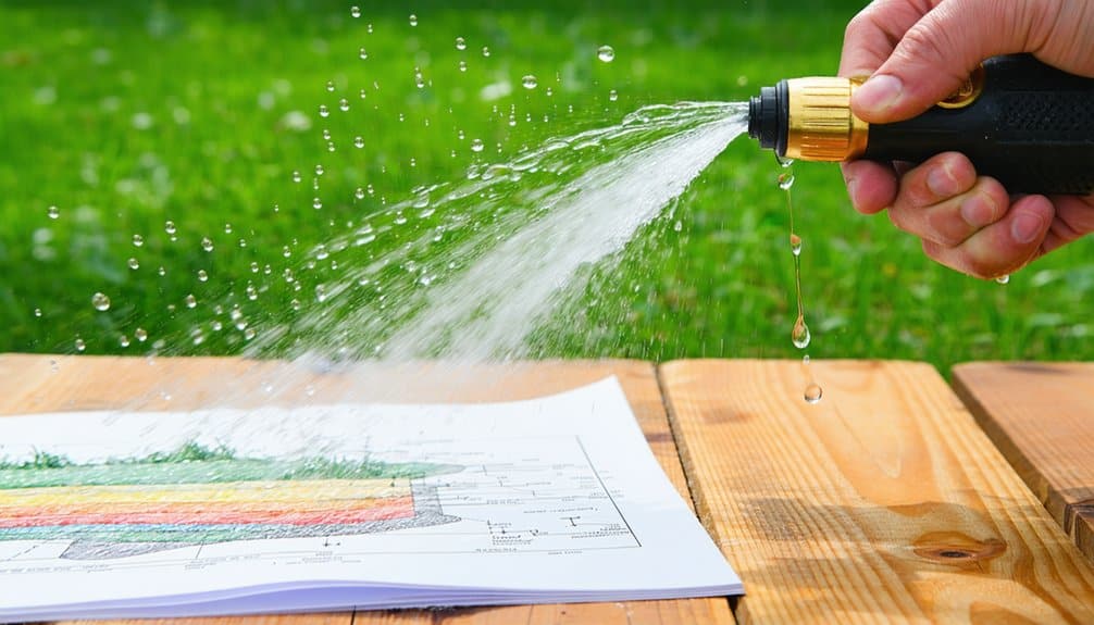A hand holds a garden hose, spraying water onto a piece of paper with a technical or landscape drawing, on a wooden surface with green grass in the background.