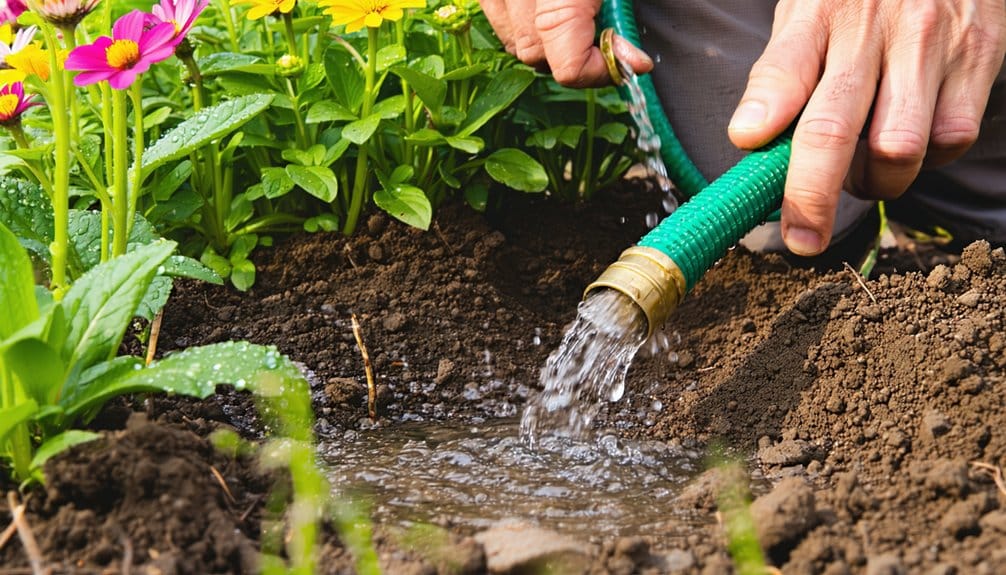 A person waters colorful blooming flowers in a garden using a green hose, with clear water flowing onto the soil around the plants.