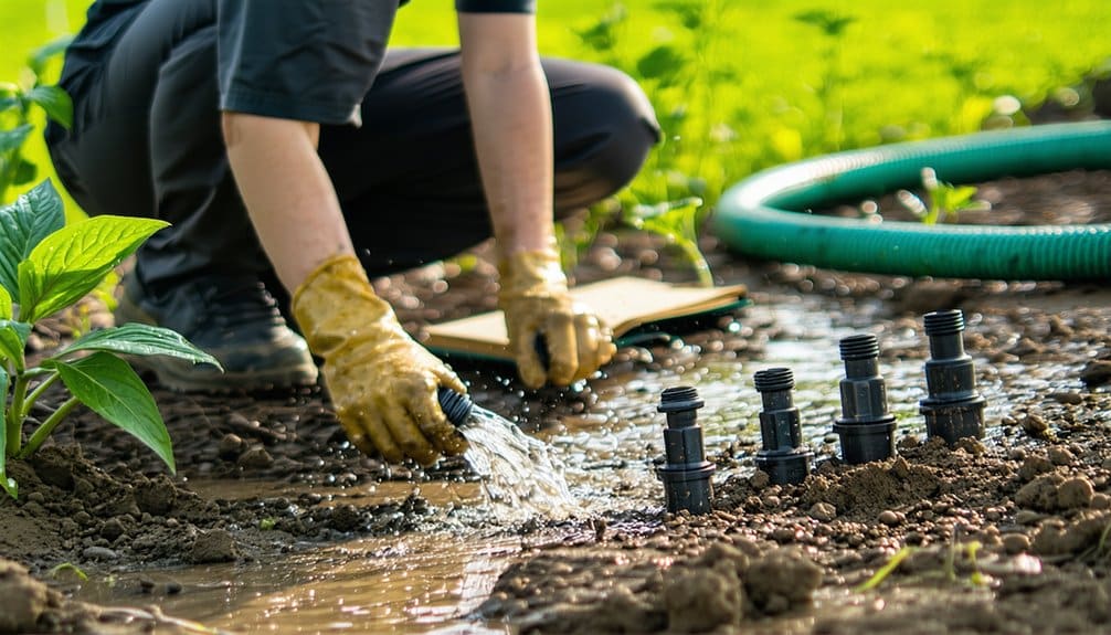 A person wearing gloves kneels on soil, connecting pipes for a garden irrigation system with water flowing, surrounded by young green plants and a green garden hose.
