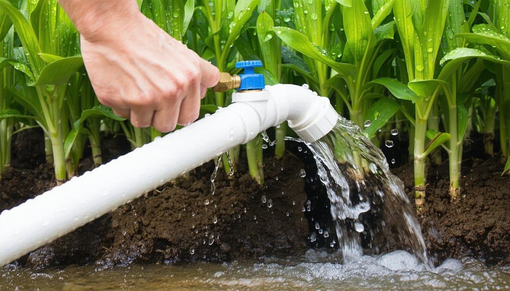 A hand opens a blue valve on a white pipe, allowing water to flow out and irrigate green plants growing in soil.