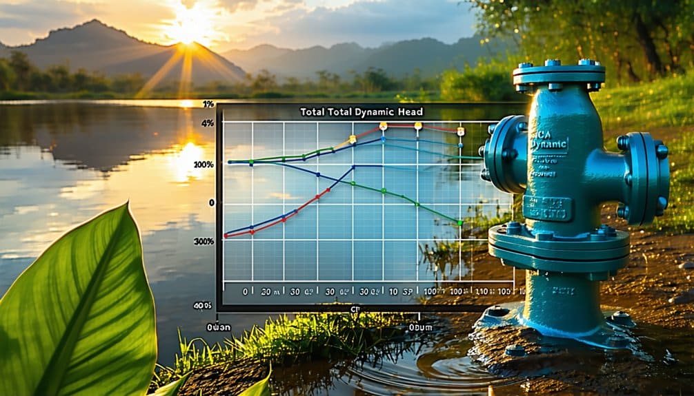 A blue industrial valve stands on wet ground near a lake at sunset, with a chart showing pump performance curves digitally overlaid in the center of the image. Lush greenery and mountains are visible in the background.