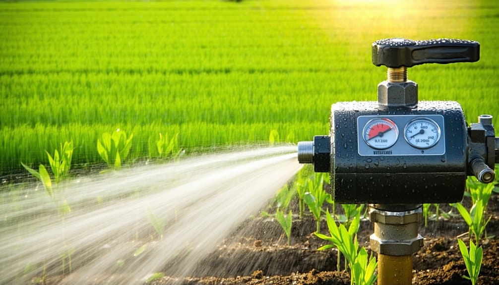 A close-up of an irrigation system spraying water on young crops in a field, with visible pressure gauges on the device and lush green plants in the background under sunlight.