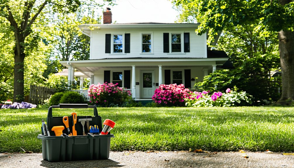 A toolbox with various hand tools sits on a driveway in front of a well-kept, two-story white house with a porch, surrounded by green lawn, trees, and blooming pink and purple bushes.