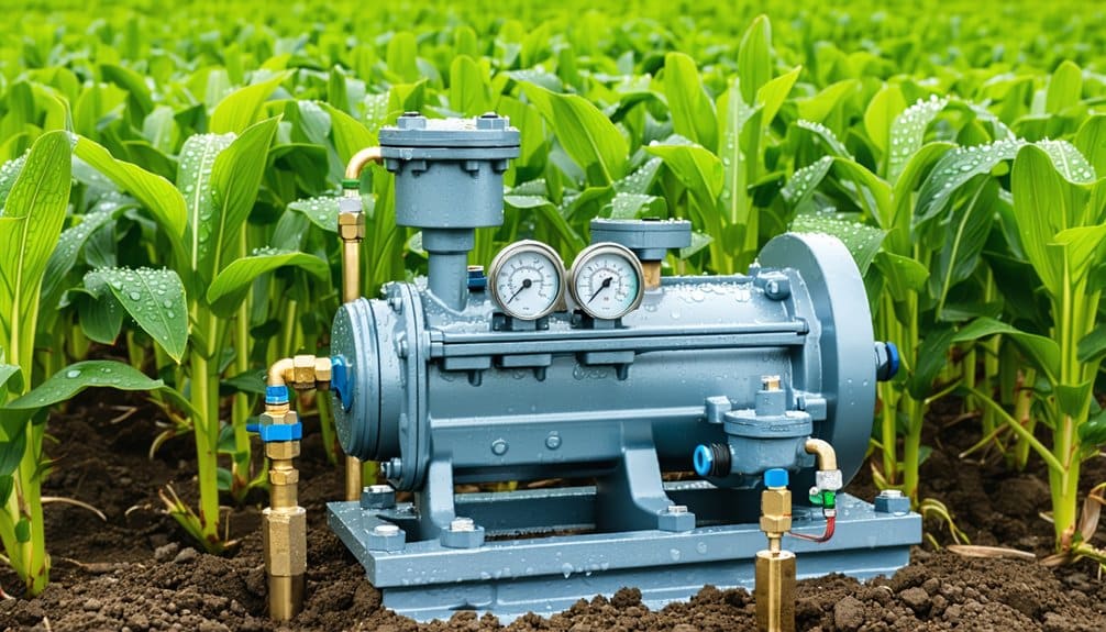 A blue irrigation pump with pressure gauges is installed in a field of healthy green crops, with water droplets visible on the leaves and soil, indicating recent watering.