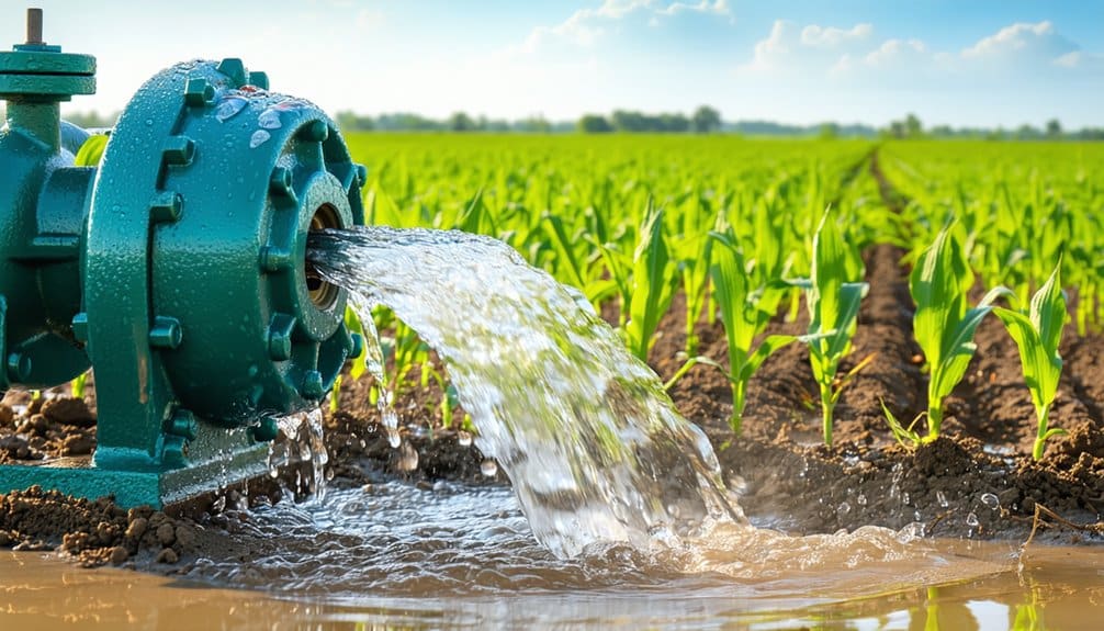 A close-up of a water pump irrigating a green crop field on a sunny day, with water flowing from the pump into the soil where young plants are growing in rows.