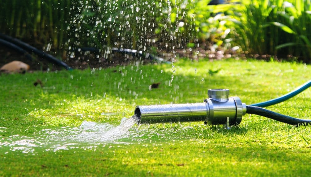 A metal sprinkler connected to a blue hose sprays water onto green grass in a sunny garden, with plants and flowers visible in the blurred background.