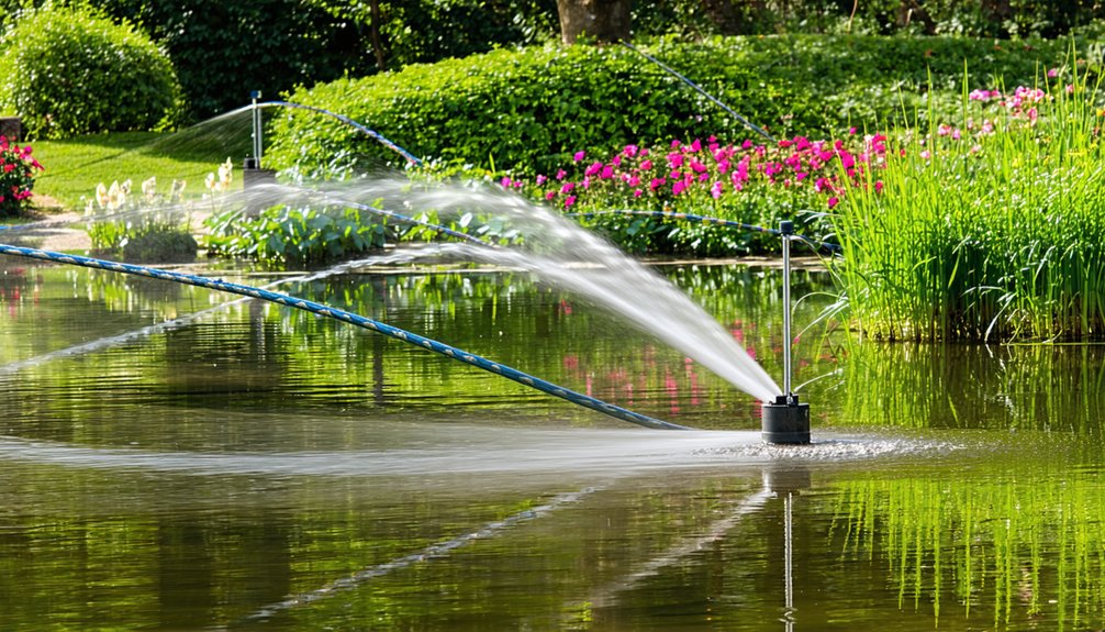 A water fountain sprays an arc of water in a pond surrounded by green bushes and blooming pink flowers, with trees and lush greenery in the background.