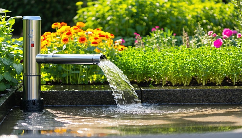 A modern stainless steel water fountain pours water into a shallow stone pool, surrounded by vibrant green plants and colorful flowers in a lush garden.