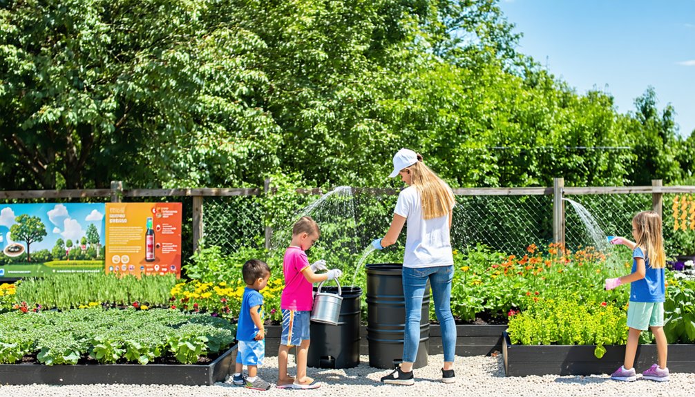 Four children and an adult water plants in a vibrant vegetable garden on a sunny day. Raised garden beds are full of leafy greens and flowers. A colorful information board is visible in the background near green trees.