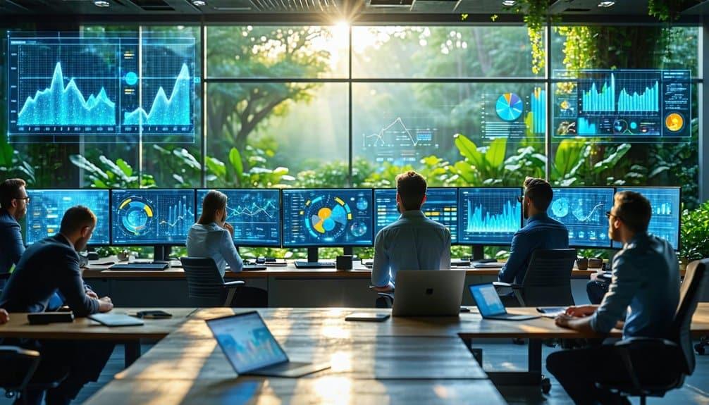 A group of people in an office with large windows view multiple monitors displaying graphs and data visualizations, with lush greenery and sunlight visible outside.