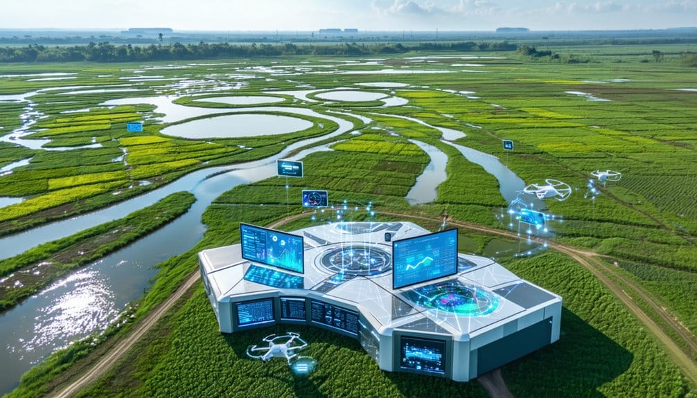 A futuristic control center with digital screens and drones monitors a lush green wetland landscape with winding water channels under a blue sky.