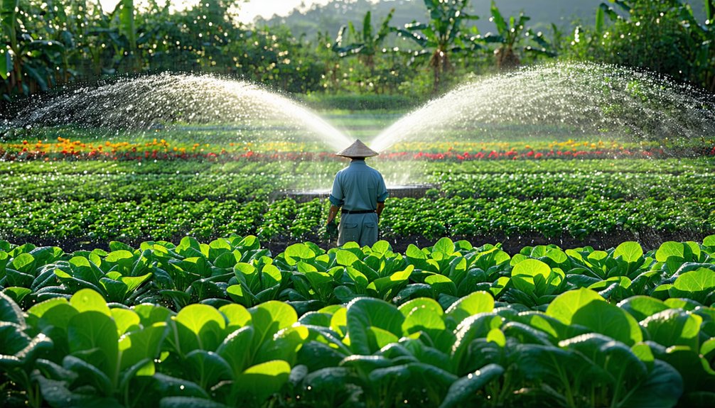 A person wearing a conical hat stands in a lush green vegetable field, operating a sprinkler system that sprays water in wide arcs across the crops. The field is vibrant and well-tended, with trees visible in the background.