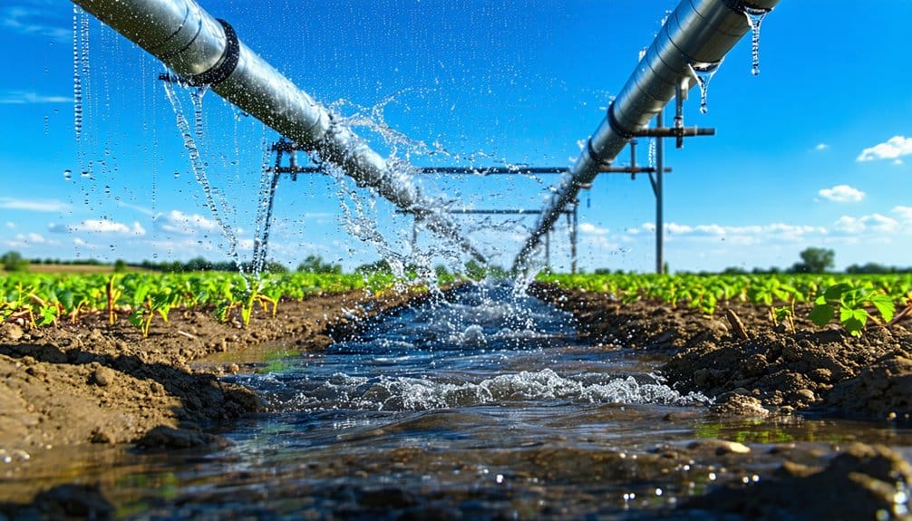 Close-up of an irrigation system spraying water onto rows of young green crops in a field, with clear blue sky and sunlight in the background.