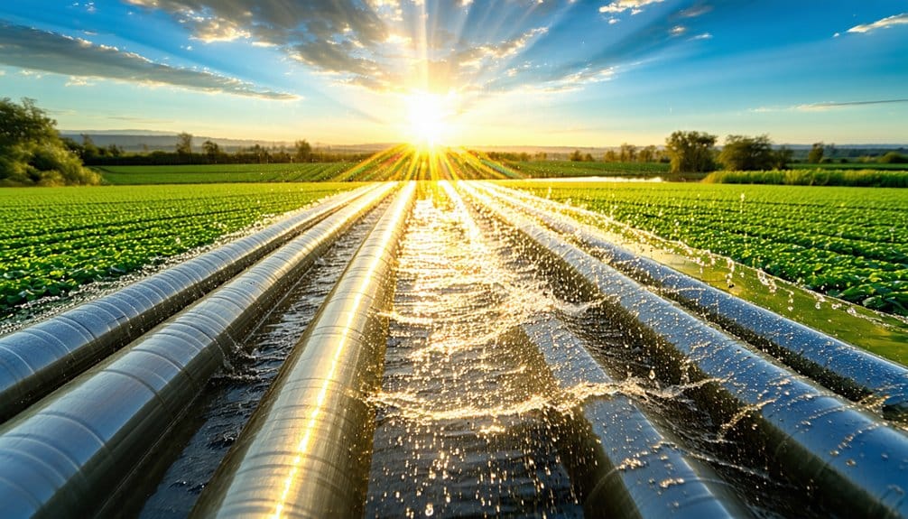 Sunrise over green crops in a field, with water spraying from metal irrigation pipes in the foreground, creating streams of water that shimmer in the sunlight.