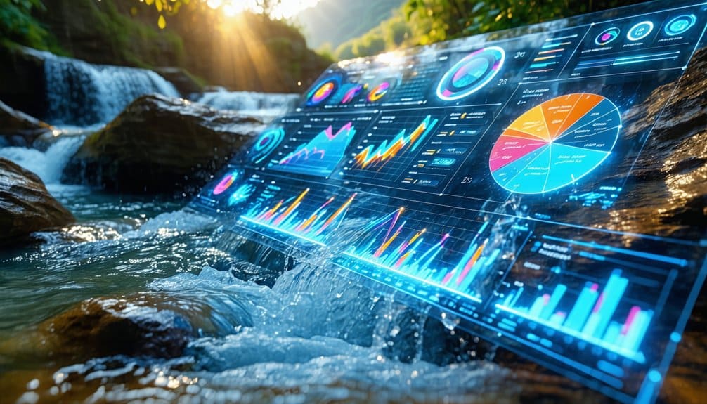 A futuristic digital dashboard with colorful charts and graphs appears over rocks in a flowing stream, surrounded by lush greenery and sunlight filtering through trees.