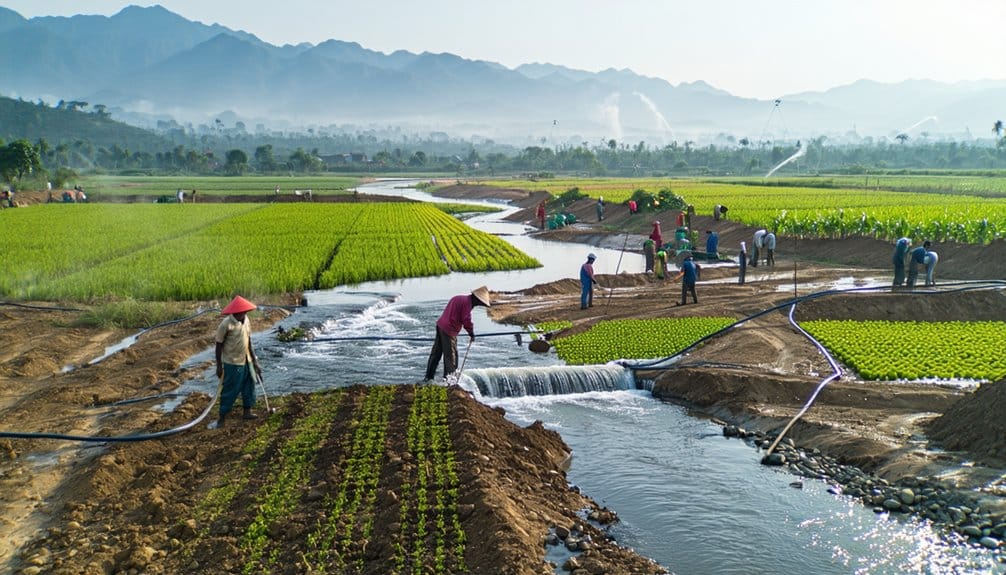 Farmers work in green fields alongside a stream, using tools and hoses to irrigate crops. Foggy mountains and trees form the background under a clear sky, creating a serene rural landscape.