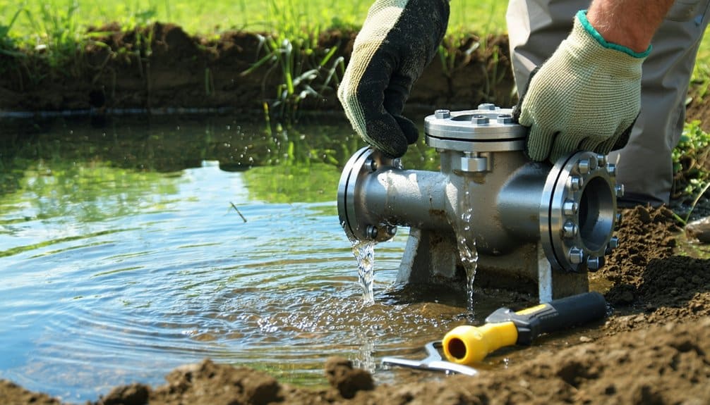 A person wearing gloves installs or repairs a metal pipe valve at the edge of a small body of water, with water leaking from the valve and a wrench lying on the muddy ground nearby.