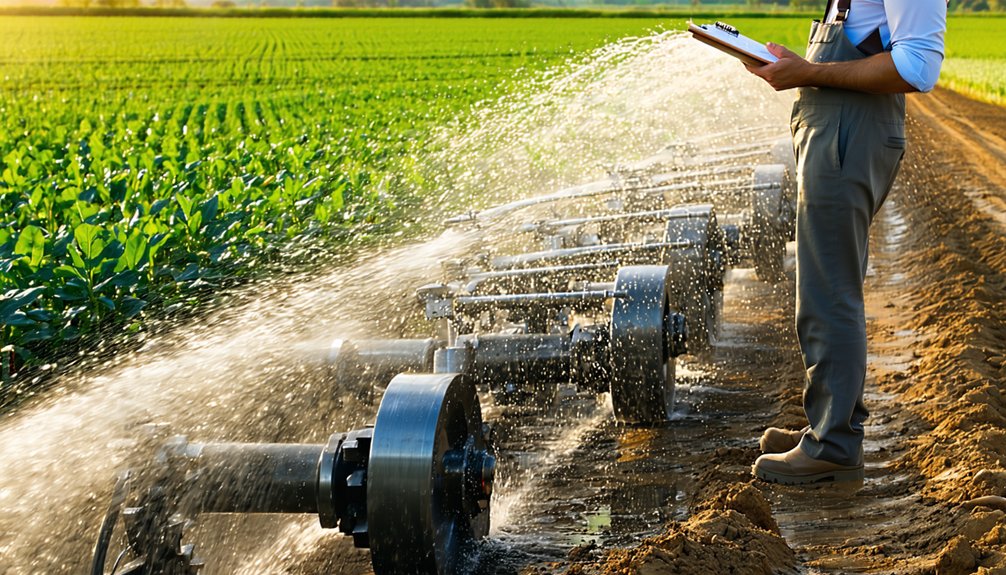 A person in overalls holding a clipboard stands next to a large irrigation system spraying water over rows of green crops in a sunny agricultural field.