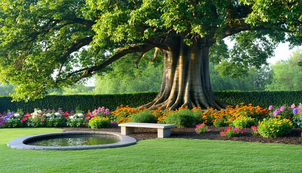 A large tree with a thick trunk stands behind a circular pond, surrounded by colorful flowers, a white stone bench, and neatly trimmed grass in a landscaped garden.