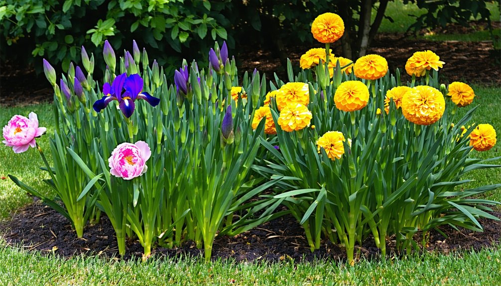 Flower bed with blooming yellow marigolds, purple irises, and pink peonies planted in neatly arranged clusters on a lawn.