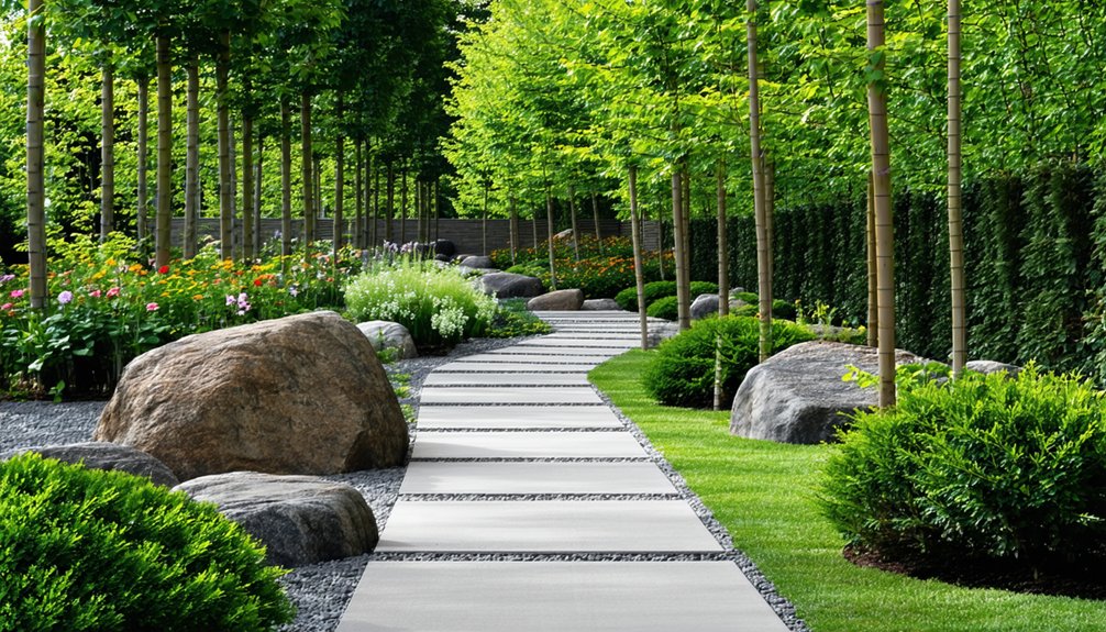 A modern garden path with large concrete pavers curves through neatly trimmed bushes, boulders, flowers, and rows of young trees on a sunny day.